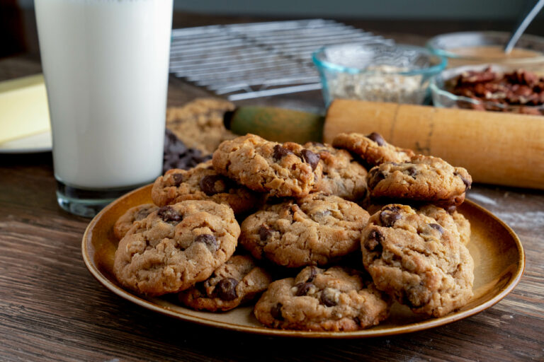 Delicious Baked Oatmeal, Peanut Butter, chocolate chip cookies, with a frosty glass of milk
